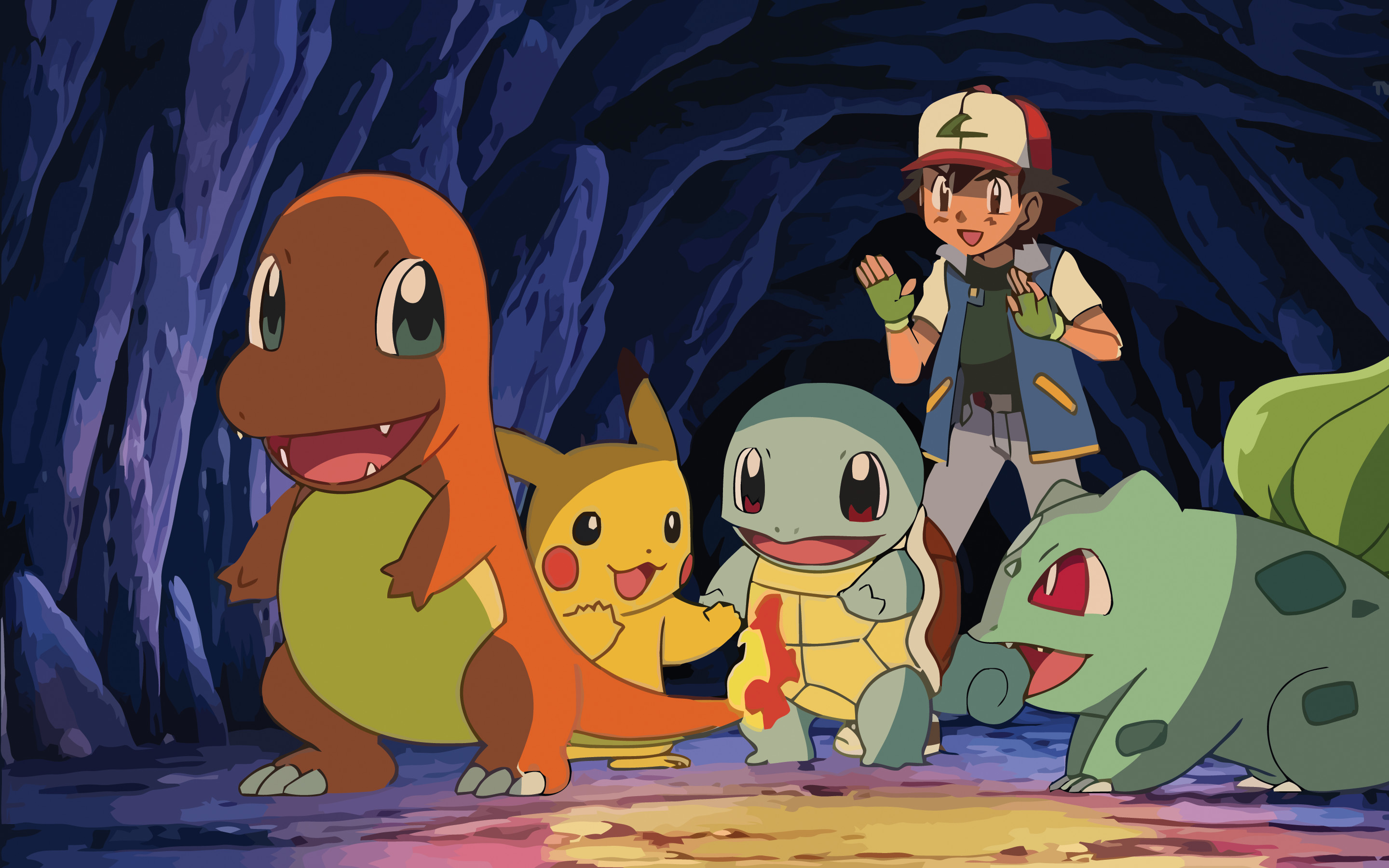 Charmander, Ash, Baulbasor and Squirtle are standing in a cave